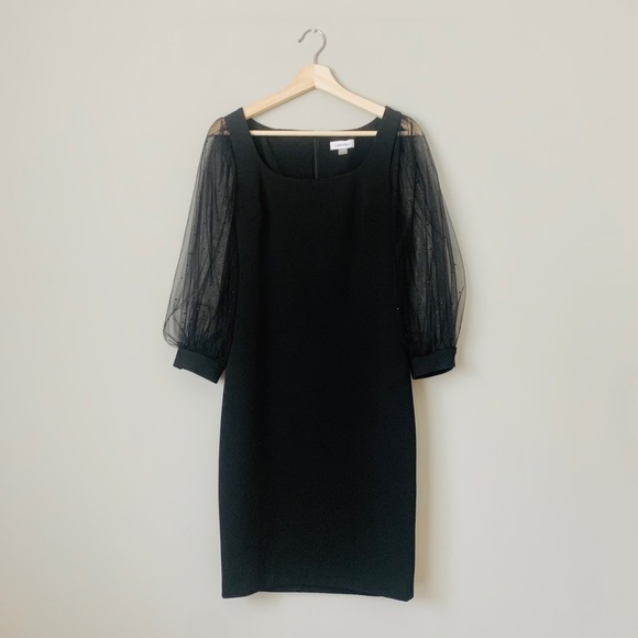 {Calvin Klein} Black Sheer Puff Sleeve Dress - Picture 2 of 7